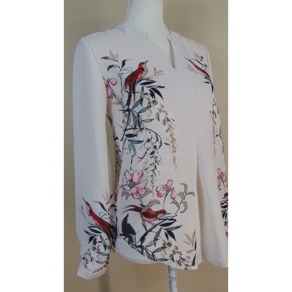 Chinese Asian Blouse Top Womens Small V-Neck Red Bird Detail Pleated White S - Picture 5 of 10